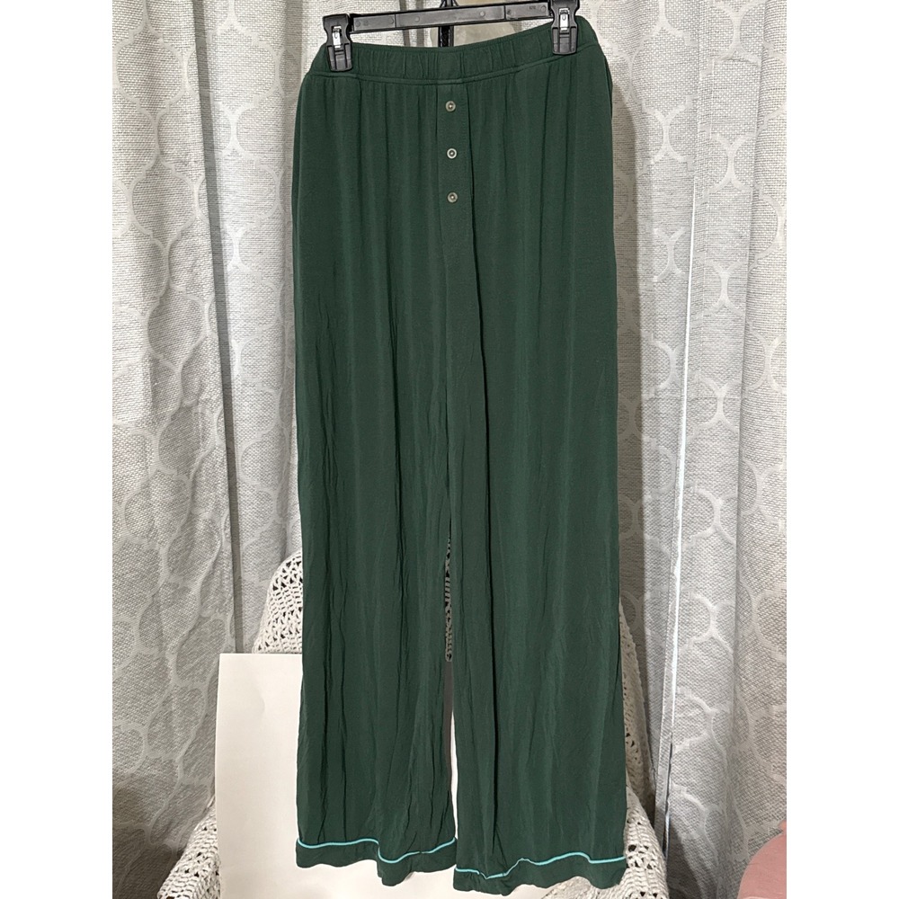 Anthropologie Forest Green Modal Pajama Pants XL Wide Leg Blue Piping Lounge